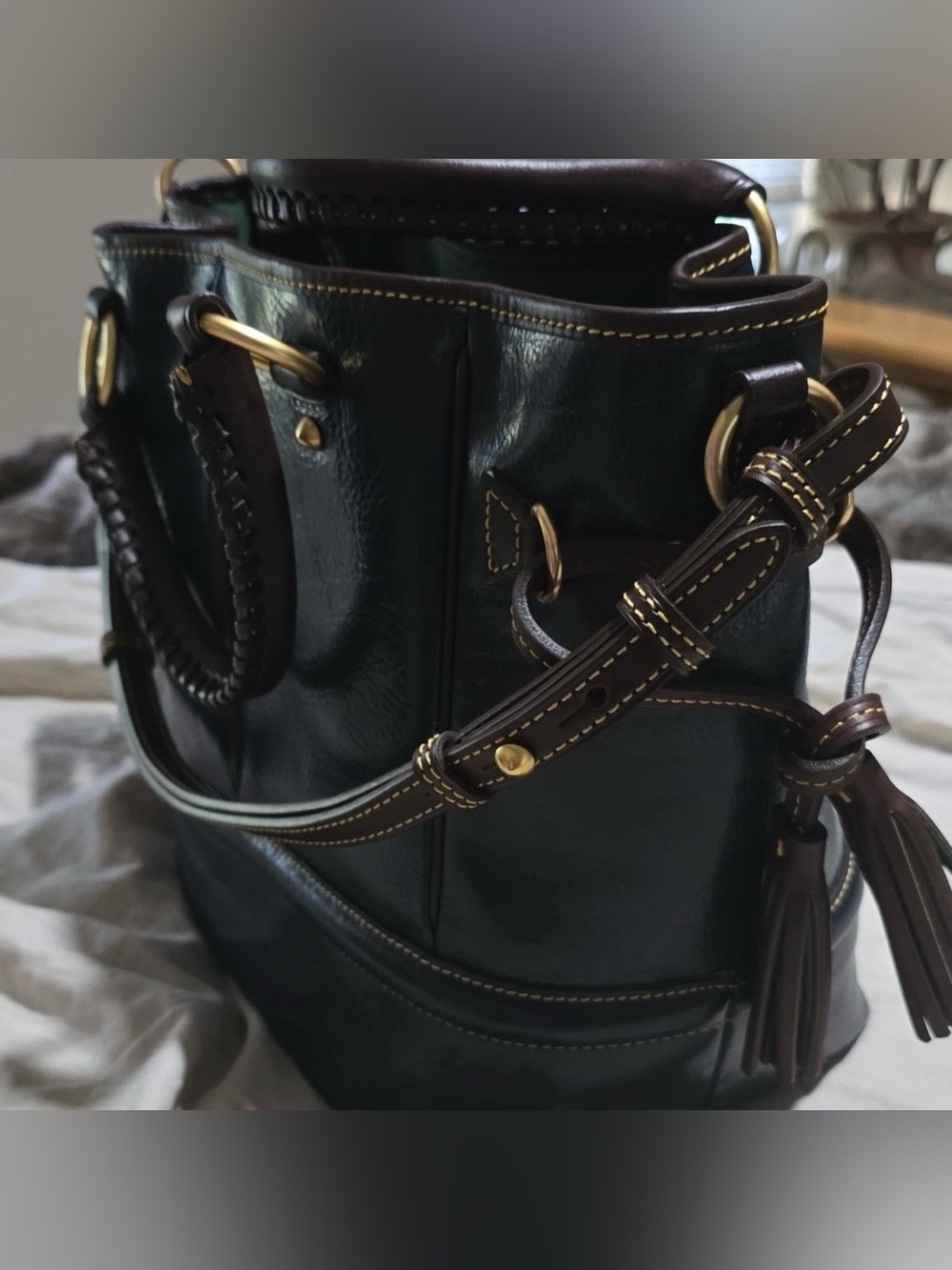 Dooney & Bourke Deep Teal Drawstring Satchel Gold Hardware Tassel Accent EUC - Picture 5 of 9